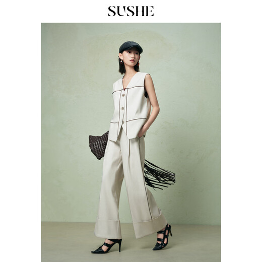 SUSHE Fashionable Old Money Silver Twill V-neck Vest Loose Folded Wide-leg Pants Suit Women's Spring Champagne Rice-Pants S