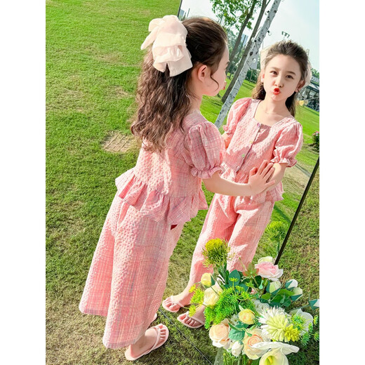Disney (Disney) Girls Summer Set 2025 Neue Kinder modische modische Baby Sommerplaid Kleidung Zwei-teilige koreanische Version Pink 130 cm