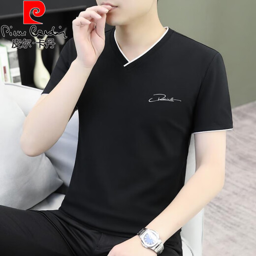 
Pierre cardin v-neck short-sleeved T-shirt for men's spring and summer pure cotton half-sleeved base shirt simple slim and versatile thin chicken collar top D7029 white M 80-100Jin [Jin equals 0.5 kg]