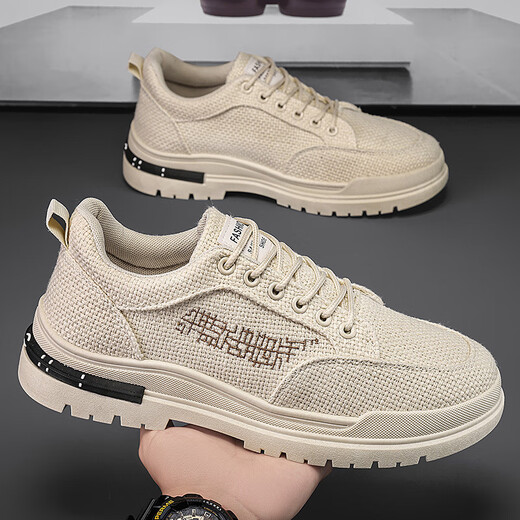 
Jingpu Fei men's shoes for spring breathable and odor-proof canvas shoes lightweight and versatile thick-soled casual sports trendy shoes CF9906 khaki 42