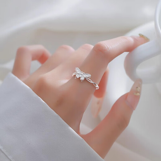 BJYLS999 pure silver butterfly ring for women, light luxury and high-end adjustable index finger ring sterling silver tail ring hand jewelry gift 999 pure silver butterfly dancing