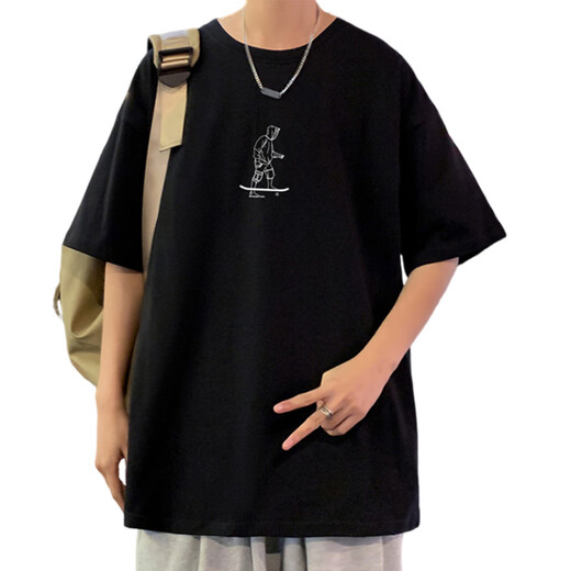 Meloban pure cotton short-sleeved men's trendy brand casual loose round neck T-shirt for boys and teenagers summer new versatile T-shirt 3892 black 3XL about 180-200 Jin [Jin equals 0.5 kg] can be worn
