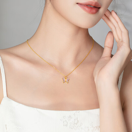 Shien Gold Pendant Pure Gold Purple Enamel Butterfly Pendant for Girlfriend, Wife and Mom Holiday Gift Pendant Pure Gold Gradient Purple Enamel Butterfly Pendant Free 925 0.6g