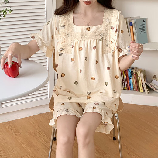Sondr Pyjamas für Frauen im Sommer süßer gewebter Baumwolle Kurzarm Shorts Anzug für Sommer Damen Dünne Internet-Promi-Kleidung Frühling und Herbststil 695 m [75-100jin [Jin ist 0,5 kg]]
