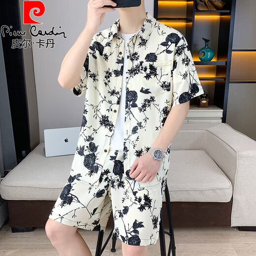 皮尔卡丹（pierre cardin）夏季冰丝短袖衬衫套装男休闲痞帅碎花半袖衬衣搭配沙滩短裤两件套 679米白套装 XL 125-140斤