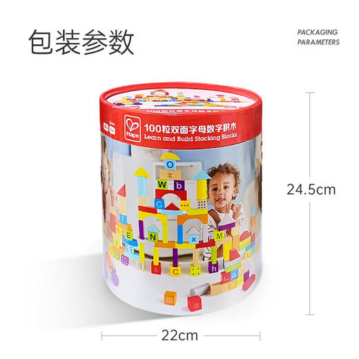 Hape积木100粒双面字母数字拼搭木质积木125粒桶装玩具六一礼物 55粒几何积木
