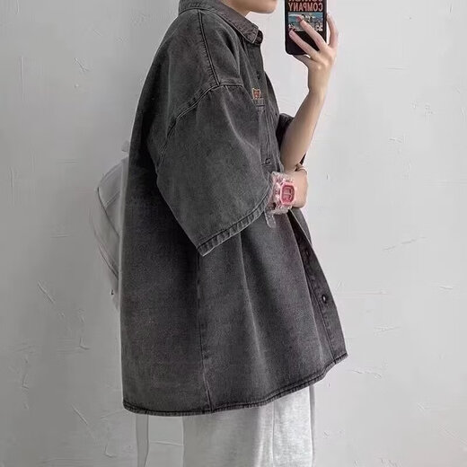妙奕嘉短袖衬衫男牛仔衬衣男士夏季衬衫式外套工装高级舒适休闲时尚潮流 韩版宽松口袋设计牛仔短袖衬衫 2XL 【建议130-155斤】