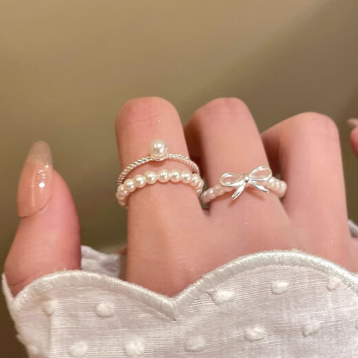 Luo Fanxin decorated S925 sterling silver bow pearl beaded ring women's ins niche index finger ring light luxury open stacking J6340
