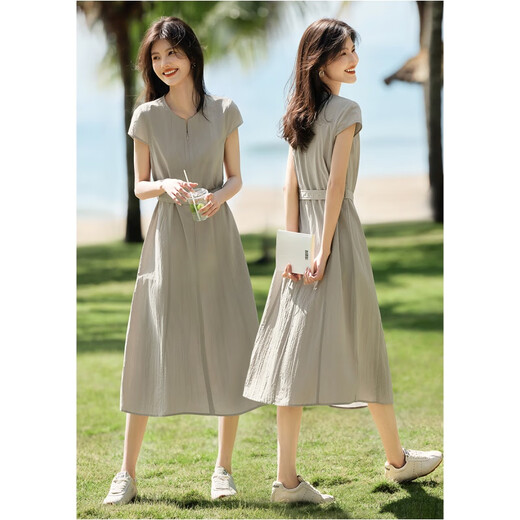 clotho Rennie brand women's French dress for women 2025 summer new Korean style elegant waist-hugging and slimming A-line skirt gray M 100-115Jin[Jin equals 0.5 kg]