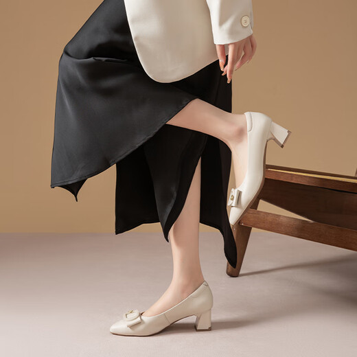 
Red Dragonfly Leap Moon Shoes High Heels 25 Spring Thick Heels Women's Shoes Pointed toe Workplace Small Leather Shoes Single Shoes WLB15124 Beige White 37