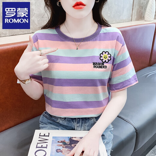 Romon gestreiftes kurzärmeliges T-Shirt für Frauen loser koreanischer Baumwoll-Sommer-Sommer Neues, vielseitiges T-Shirt rund Hals halbärmelig Top Red 9928 L Empfohlen 105-125jin [Jin ist 0,5 kg]