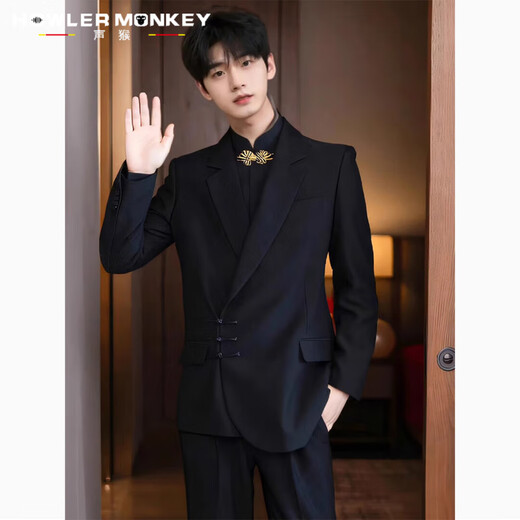 Sound Monkey New Chinese tunic suit for engagement, wedding, groom's dress, blazer, men's high-end suit, stand collar, plate button, Chinese suit + black shirt + trousers, three pieces XL (115-130Jin Jin equals 0.5kg)