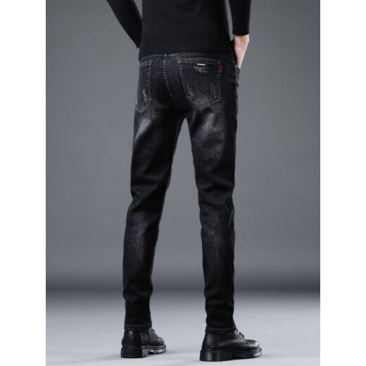 UOSO International Light Luxury Spring Neue High-End-Schwarze Jeans Männer schlanke Small-Fit-Hose Katze flüstern vielseitige elastische trendige Markenmärde 1049-Grau 28