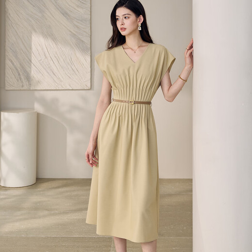 ROEYSHOUSE罗衣知性卡其色V领连衣裙女2025夏季新款休闲大摆显瘦中长裙12149 卡其色 XL