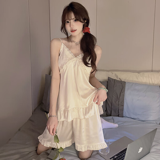 Aifenrou Suspende Pyjamas pour femmes en glace d'été Silk Sexy Plew pad mince 2025 Nouvelle princesse pure et lubrique de vêtements de maison 9221 abricot JDX avec poitrine m poids 80-100jin [Jin est égal à 0,5 kg]