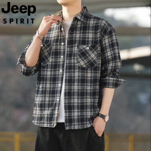 JEEP SPIRIT吉普复古格子长袖衬衫男春秋季2025新款宽松韩式工装衬衣外套潮 K12108白色 M