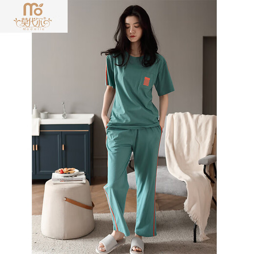 Pajama modal para mujeres en verano algodón puro manga corta delgada 2025 El nuevo algodón informal de verano se puede usar fuera de los pantalones ropa para el hogar 7374 frijoles verde XL [120140Jin [Jin iguala 0.5 kg]]]
