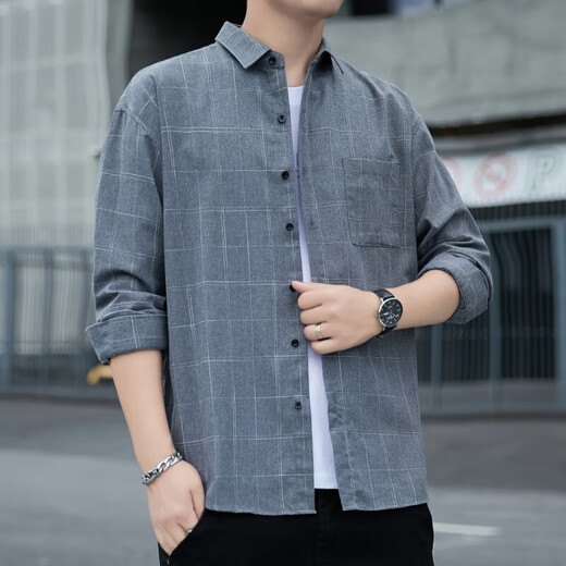 American plaid shirt jacket men 2024 spring and autumn style trendy long sleeve men youth relaxation K12108 white M