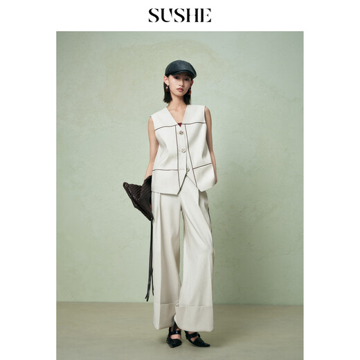 SUSHE Fashionable Old Money Silver Twill V-neck Vest Loose Folded Wide-leg Pants Suit Women's Spring Champagne Rice-Pants S