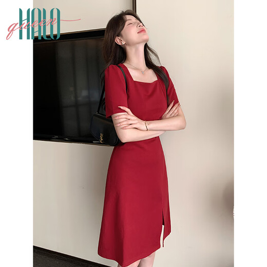 
Halo Queen red short-sleeved dress for women summer French square collar engagement dress vacation red skirt H52Q024