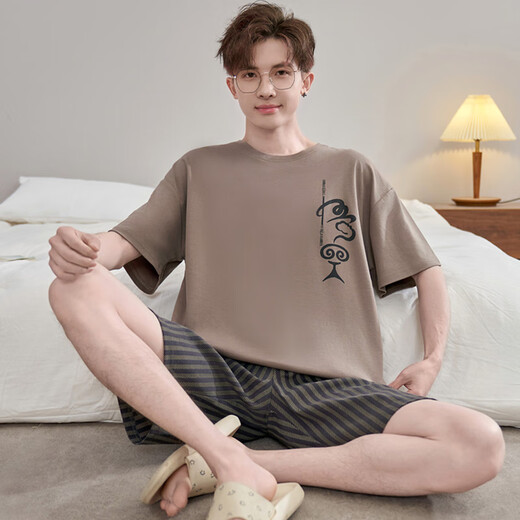 浪莎（langsha）睡衣男款夏季纯棉短袖短裤学生青少年男士夏天薄款大码家居服套装 DMY6621#短袖+短裤 M 小[建议身高155CM左右体重75