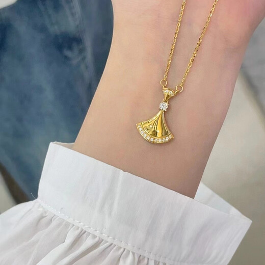 Shi En Little Skirt Gold Necklace 999 Pure Gold Fan Pendant 5G Gold Inlaid Chain Set Chinese Valentine's Day Gift for Girlfriend Little Skirt Necklace Approximately 5.0-5.2g Comes with Quality Inspection