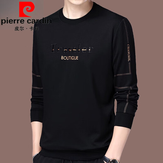 Pierre Cardin brand men's long-sleeved t-shirt pure cotton 2025 new tops spring and autumn round neck sweatshirt men's autumn bottoming shirt men A31 gray velvet thickened L 170 recommended 120-140Jin Jin equals 0.5 kg