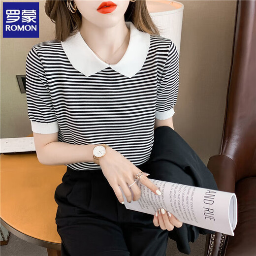 Romon striped doll collar short-sleeved T-shirt for women 2025 summer new ice silk sweater thin small age-reducing top DX691# yellow M Recommended 100-120Jin [Jin equals 0.5 kg]