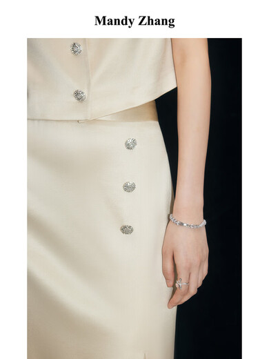 Mandy Zhang French acetic acid sparkling champagne diamond button skirt women's summer side slit wrap arm temperament long skirt sparkling champagne XS