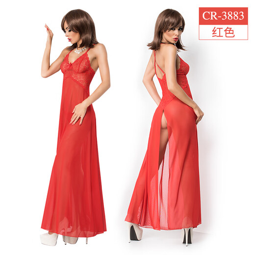 Pyjamas de sous-vêtements sexy Zkhe's Sexy Perspective inébranlable Long Jupe à trois points Suspender Nightgown Transparent Fire Fire Red Lady Suspender Jupe courte 3884 S / M Small Size 88-122Jin [Jin est égal à 0,5 kg] 160-172cm