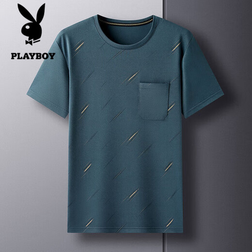 花花公子;PLAYBOY中年男士短袖T恤夏季汗衫宽松休闲圆领口袋上衣中老年爸爸夏装男 TC-短袖-693藏青 2XL 180/2XL/155-175斤
