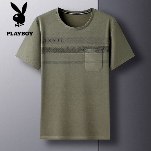 花花公子;PLAYBOY中年男士短袖T恤夏季汗衫宽松休闲圆领口袋上衣中老年爸爸夏装男 TC-短袖-693藏青 2XL 180/2XL/155-175斤