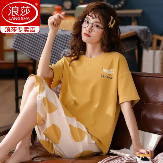 浪莎睡衣女士韩版2025年夏季短袖七分裤套装宽松大码可外穿青年家居服 短袖/七分裤【深紫684素】 M 建议80-90斤穿