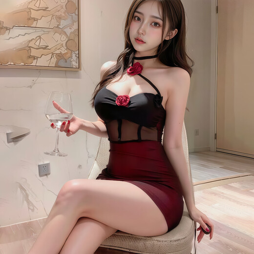 Pu Lian's erotic underwear sexy tempting hot girls perspective uniform small breasts look around battle robe 2025 new large-size pajamas hot roses [hip skirt + T-pants] one size [suggested 80-120Jin [Jin equals 0.5 kg]]