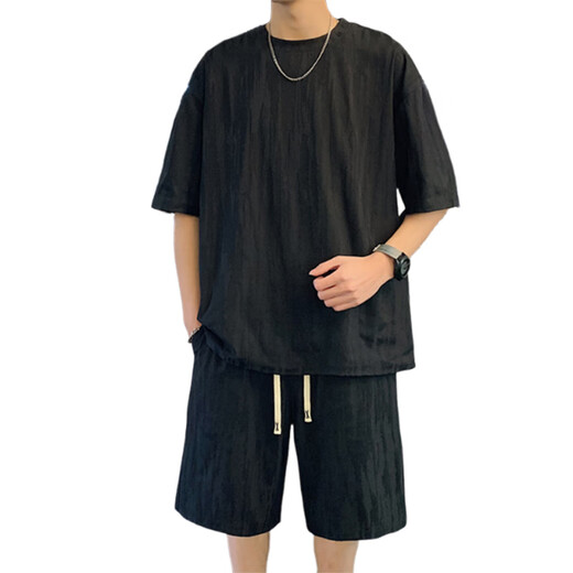 龙桃子休闲运动套装男夏季2025新款美式宽松短袖短裤男生酷帅穿搭两件套 2546-826黑色套装 M 约90-105斤可穿