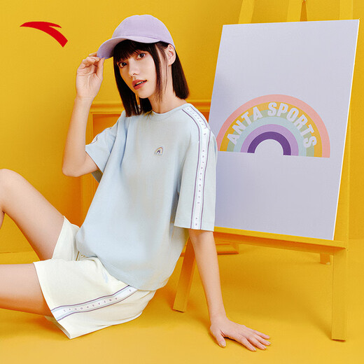 
Anta Rainbow Sports Set Women's Summer Short Sleeve Round Neck Shorts Loose T-shirt Women's Casual Set