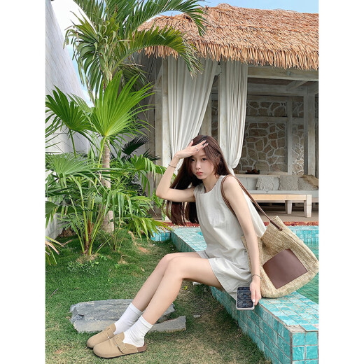 Rongxitu Dopamine Girls zweiteilige ärmellose Weste mit hohen Taillenbreite Bein Shorts Abschleife 9719 Aprikosengrün Top l