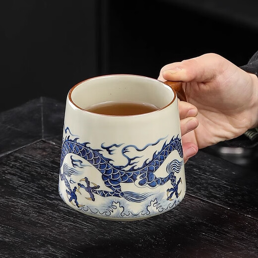Blue and white Ru Kiln tea cup and water cup ceramic tea cup with lid, tea and water separation, customizable gift-giving home high-end office mug Ru Kiln Qianli Jiangshan-Office mug