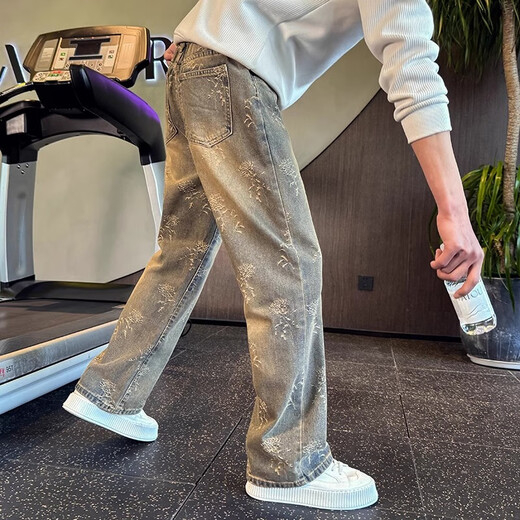 Yiran presents straight jeans for men, handsome and high-end machete pants, trendy slimming and loose men's pants, spring and autumn new casual pants, light blue L recommended 120-135 Jin Jin equals 0.5 kg