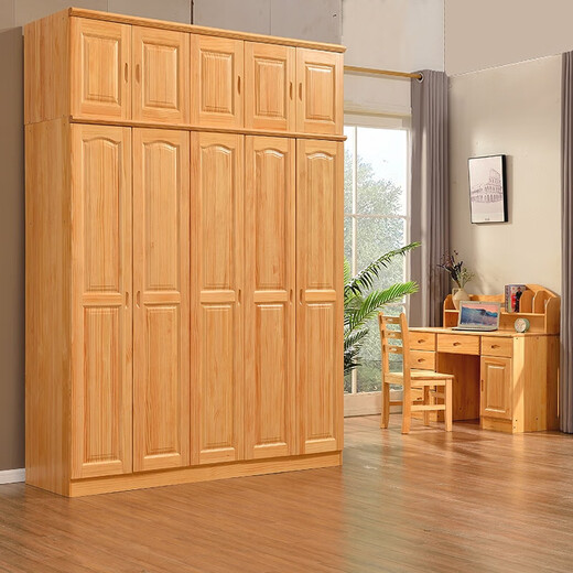 Fully solid wood pine wood swing door log wardrobe 1.35 two three four five door children's bedroom 1.8 meters home use 5 door wardrobe extended ceiling cabinet 22560260