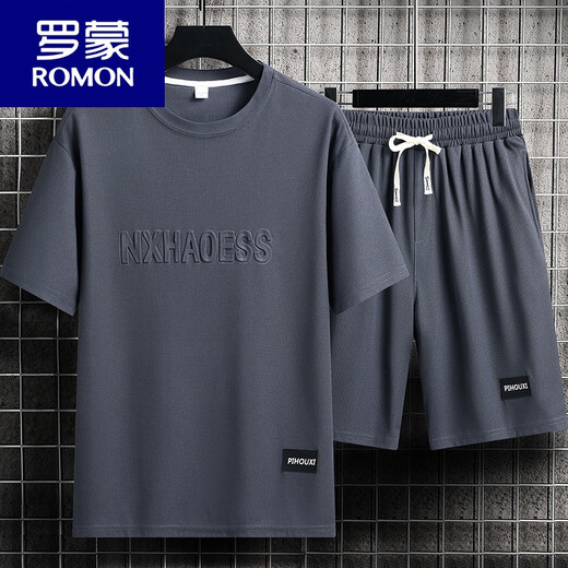 罗蒙（ROMON）休闲运动套装男夏季潮牌冰丝t恤薄款短裤大码短袖帅气搭配两件套 套装-TZ829卡其【上衣+裤子】 M 建议90-110斤