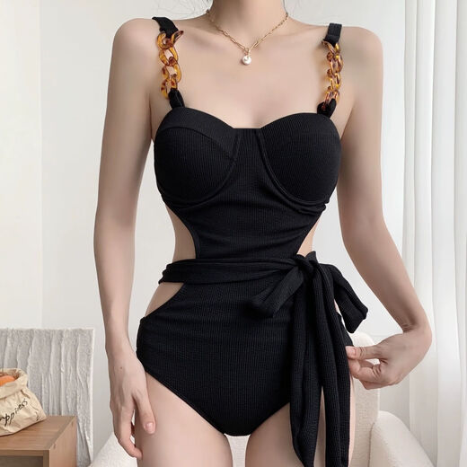 Tanbeiman One-piece Bikini Swimsuit Feminine Hot Spring Pure Desire Beach Wear Backless Suspender Swimsuit Large Size Jumpsuit One-piece Bikini Black L Size (Recommended 100-110 Jin Jin is equal to 0.5 kg) Three-dimensional slimming