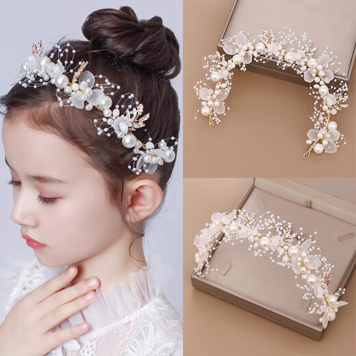 Maimed children's New Year's greetings crown headband girls' headband New Year's princess crown hair accessories flower girl hairband girl hairpin flower 5# white flower pearl hairband