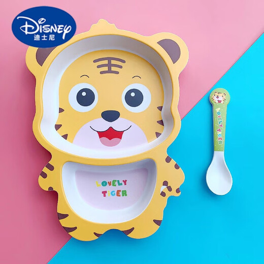 Disney (Disney) Bambou Fibre Coutte Cartoon Children's Table Varelle Bowl Set Baby Bowl Bowl Apprend à manger Assiette de nourriture supplémentaire Petite assiette de tigre plus cuillère