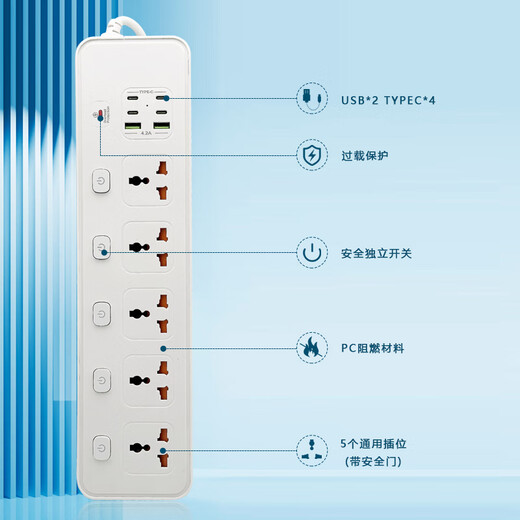 Hong Kong version British 13A British standard USB universal converter strip socket European standard American standard universal wiring board Australian standard plug with overload protection 5-digit international smart 2USB+4PD white