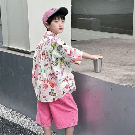 G.Duck Blumenhemd Jungen Sommer Thin Hong Kong Style Seaside Casual Kurzärmelig-Urlaub Retro-Shirt Trend mittelgroße Kinderjacke 6621 Pink Shirt Single Piece 140