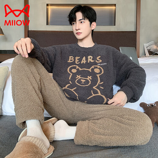 猫人（MiiOW）半边绒男士睡衣加厚加绒男款卡通珊瑚绒保暖冬季家居服套装秋冬款 WB绒6227 M [小]]建议身高155CM左右，体
