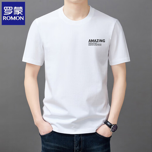 
Romon Summer New Pure Cotton Short Sleeve T-shirt Men's Trendy Printed Round Neck Half Sleeve T-shirt Base Shirt Top Men's Clothing R08 White + 829 White [Pure Cotton Short Two-Pack M Recommended [95-105Jin [Jin equals 0.5 kg]]