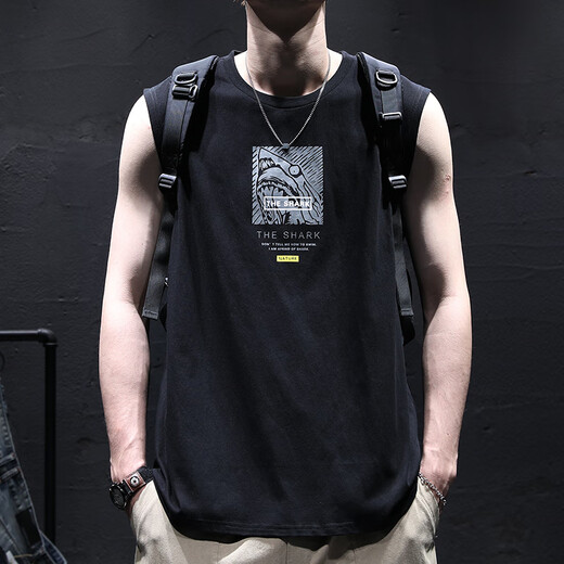 Kuraishi Kazuki Pure Cotton Sleeveless Vest Men's Summer Thin Loose Trendy Brand Sports Leisure Fitness Printed T-Shirt Black XL