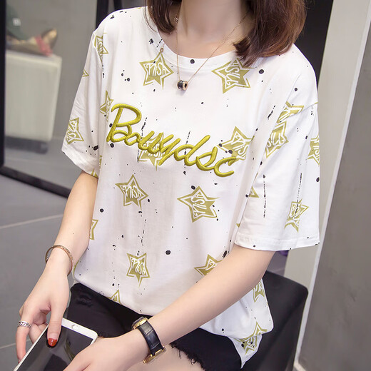 婉览2025夏装新款加肥加大码纯棉短袖t恤女胖mm宽松显瘦遮肚子上衣女 6627黄色 M 80-95斤